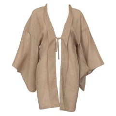 Veste de lingerie Haori demi-kimono en jacquard texturé taupe à nouer sur le devant - M-L, années 1960