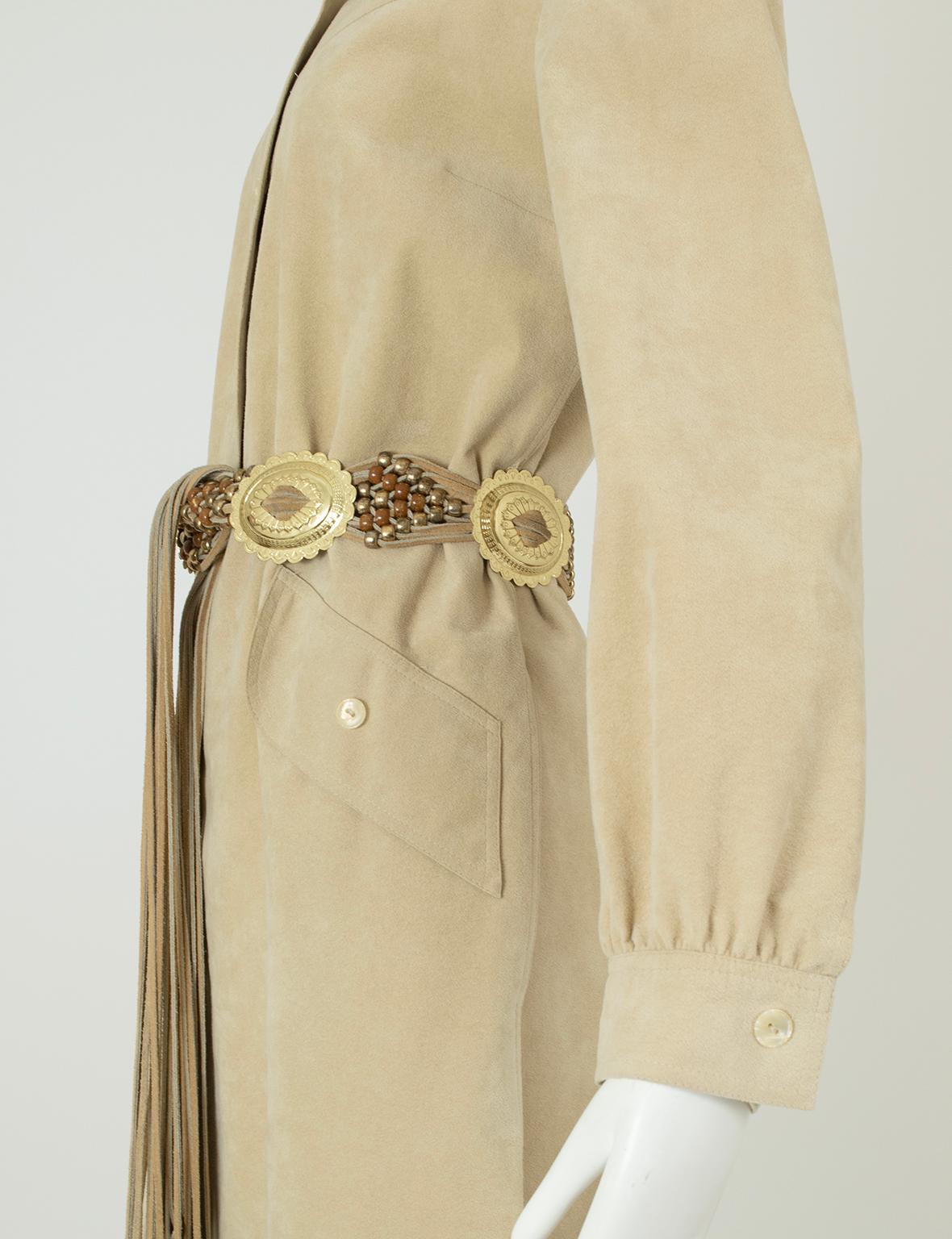 Taupe Ultrasuede Western Shirt Dress with Fringed Concho Belt – L, 1970s For Sale 5