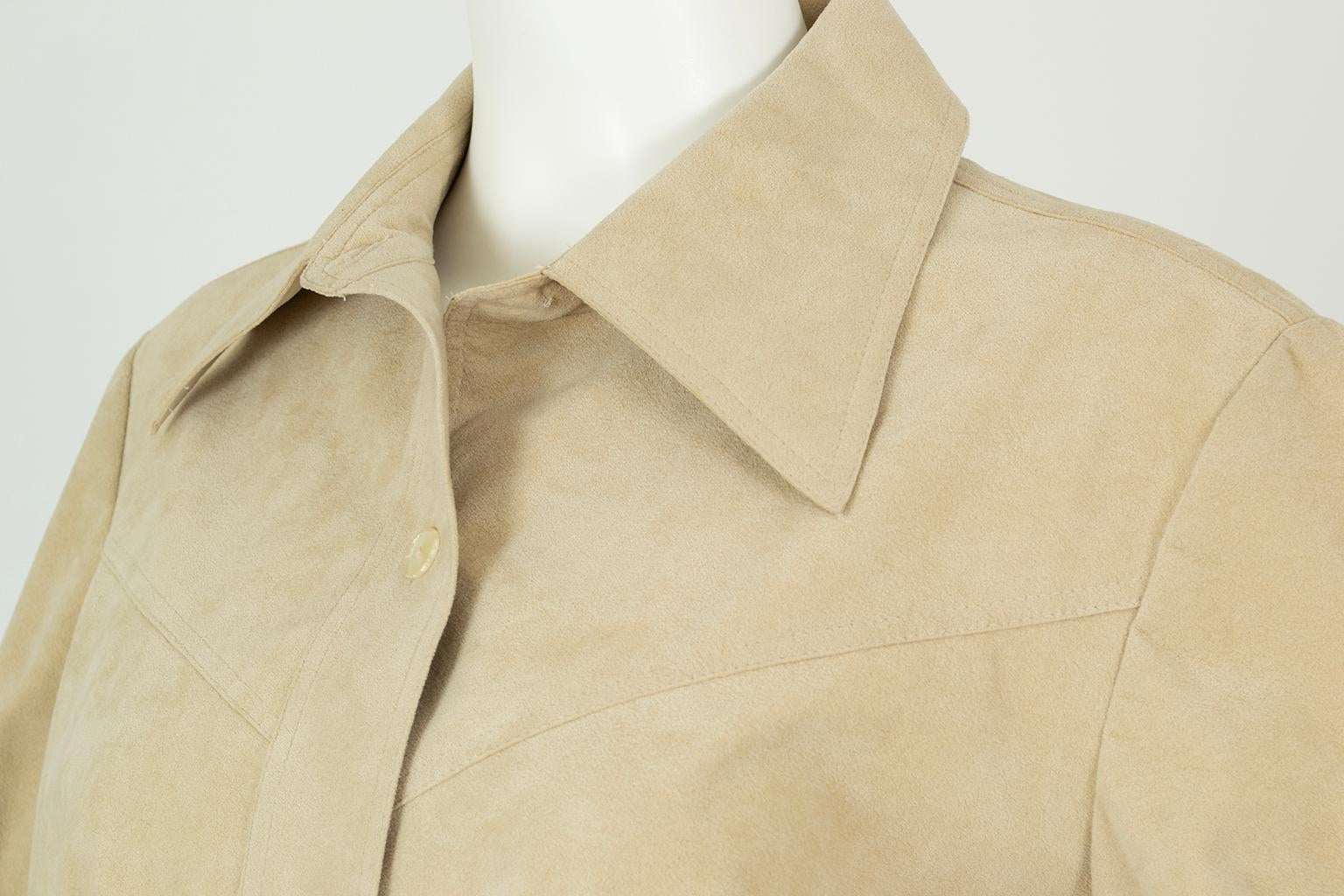 Taupe Ultrasuede Western Shirt Dress with Fringed Concho Belt – L, 1970s For Sale 6