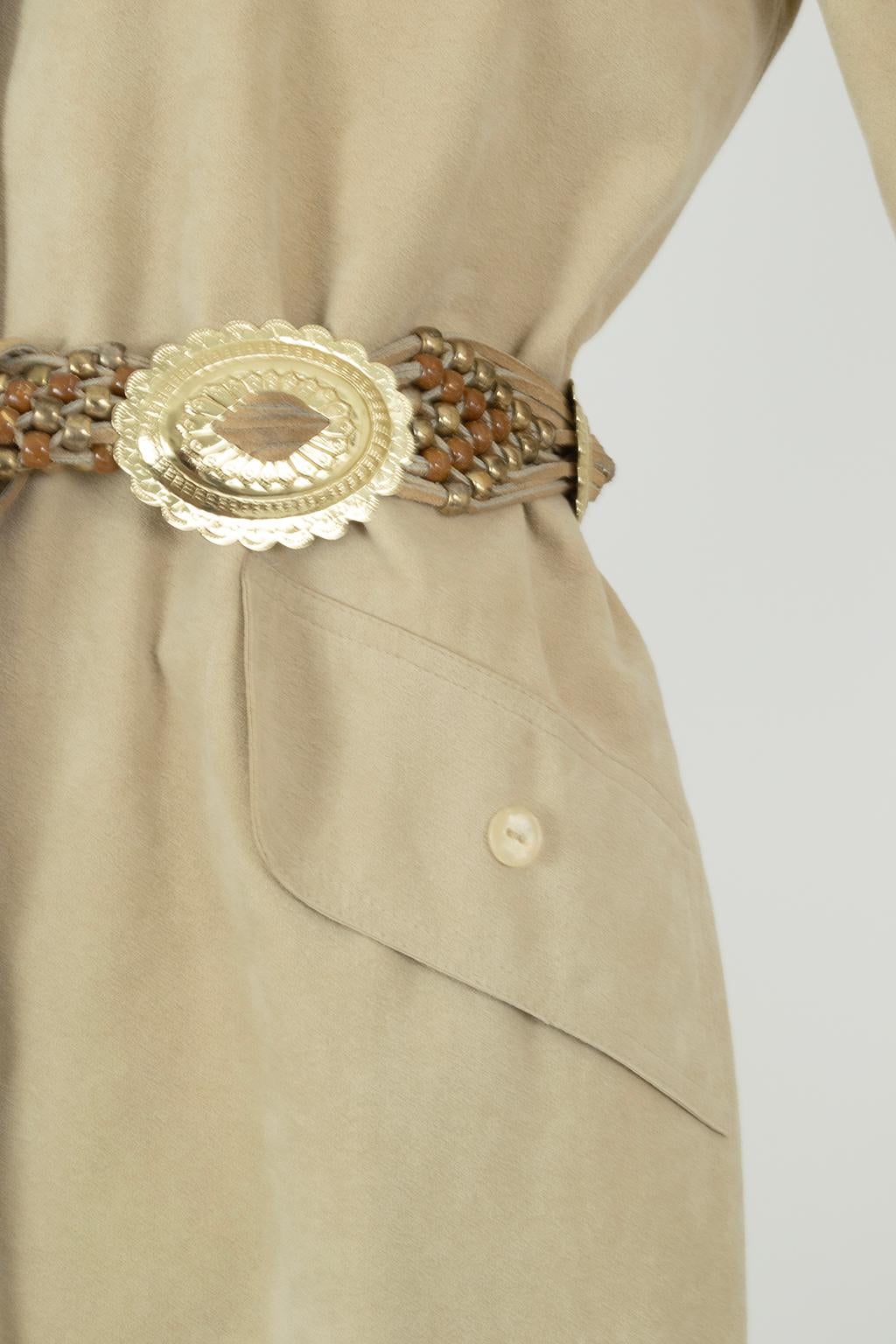 Taupe Ultrasuede Western Shirt Dress with Fringed Concho Belt – L, 1970s For Sale 7
