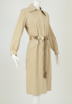 Taupe Ultrasuede Western Shirt Dress with Fringed Concho Belt – L, 1970s