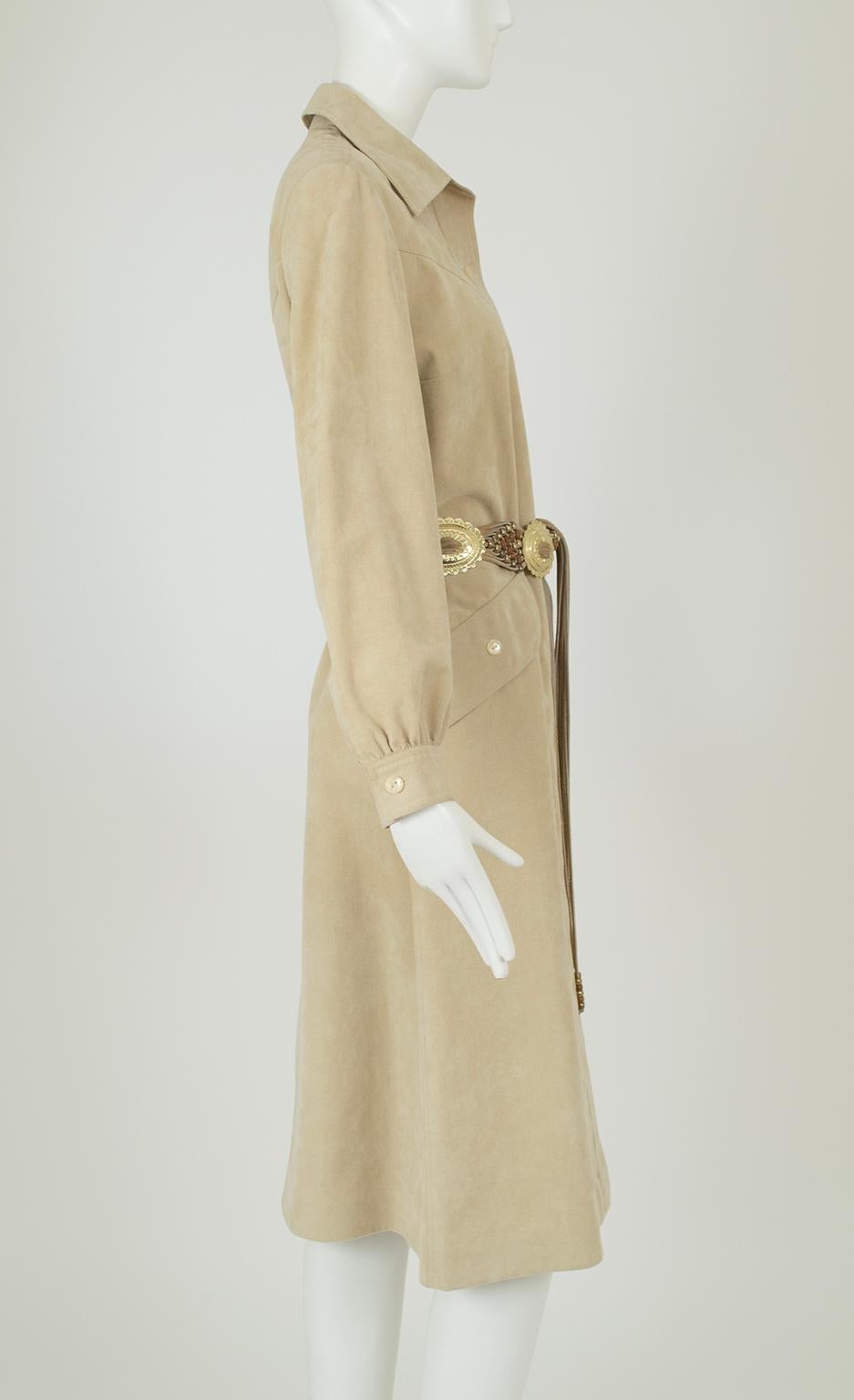 Beige Taupe Ultrasuede Western Shirt Dress with Fringed Concho Belt – L, 1970s For Sale