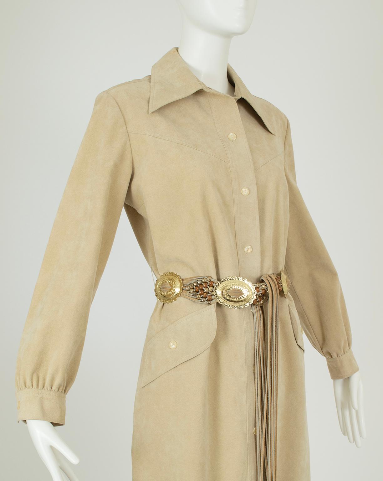 Men's Taupe Ultrasuede Western Shirt Dress with Fringed Concho Belt – L, 1970s For Sale