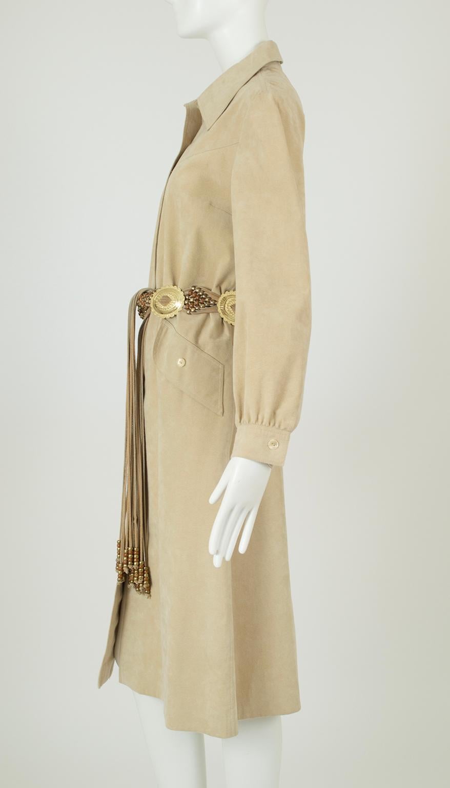 Taupe Ultrasuede Western Shirt Dress with Fringed Concho Belt – L, 1970s For Sale 4