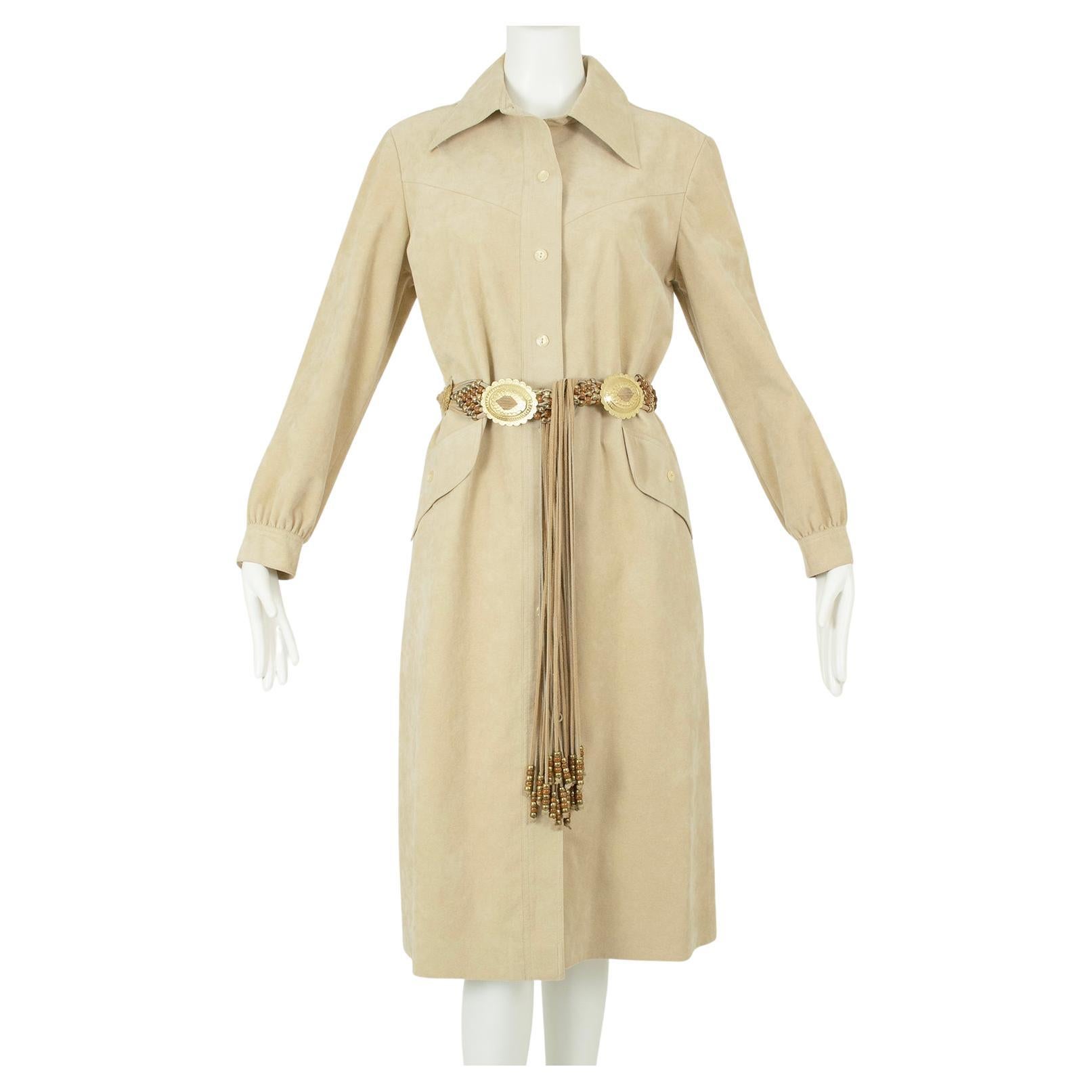 Taupe Ultrasuede Western Shirt Dress with Fringed Concho Belt – L, 1970s For Sale