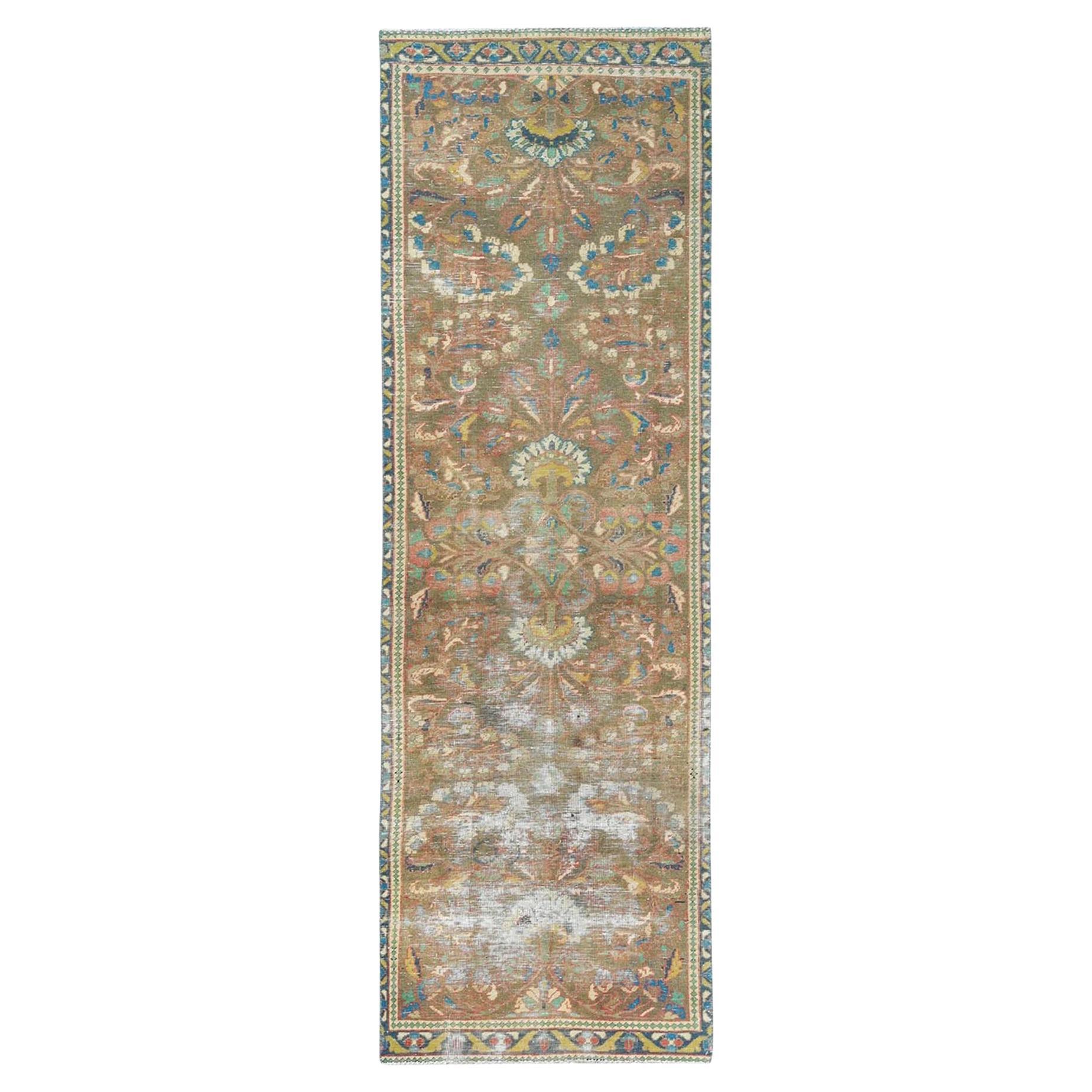Taupe Worn Down Bohemian Vintage Persian Lilahan Hand Knotted Pure Wool Rug For Sale
