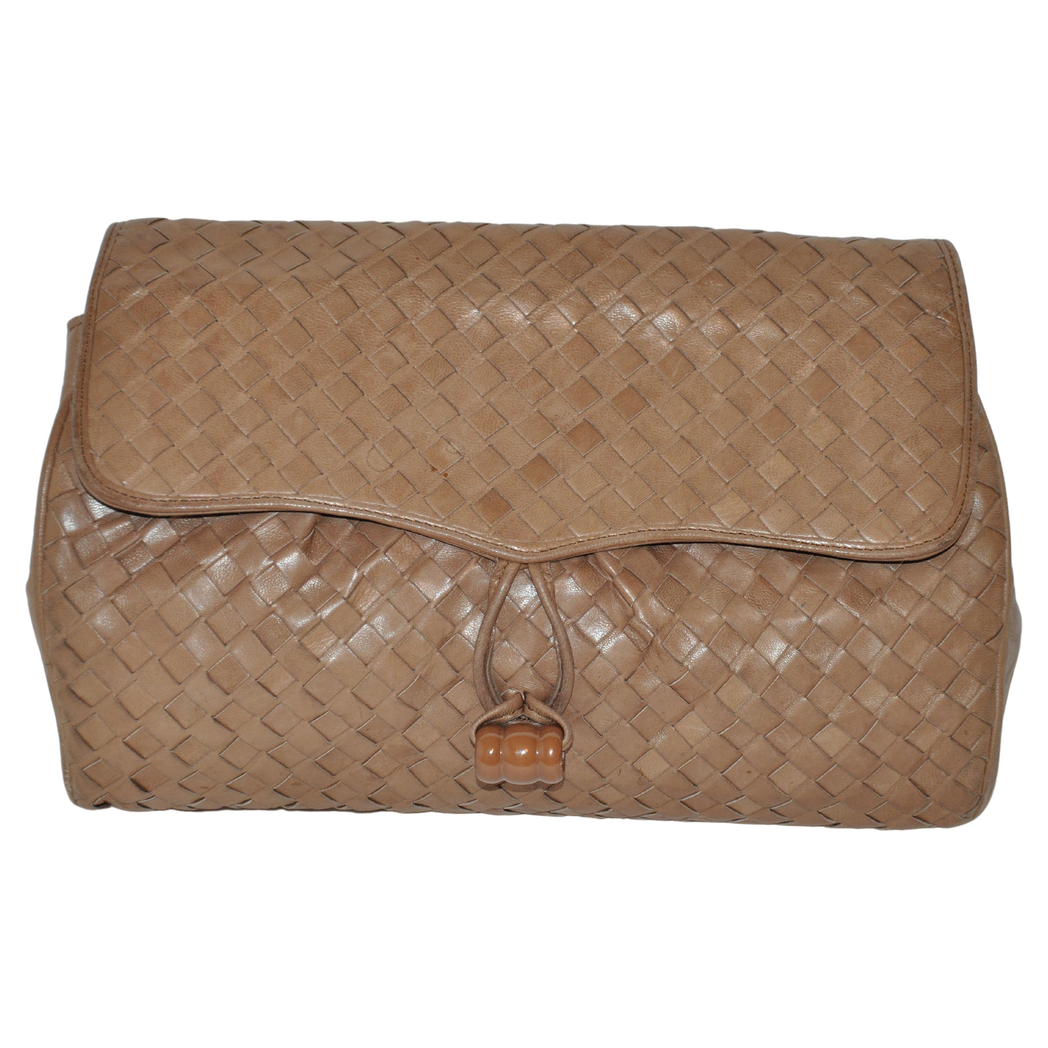 Taupe Woven Lambskin "Flap-Over" Closure Front Optional Clutch or Shoulder Bag