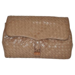 Taupe Woven Lambskin "Flap-Over" Closure Front Optional Clutch or Shoulder Bag