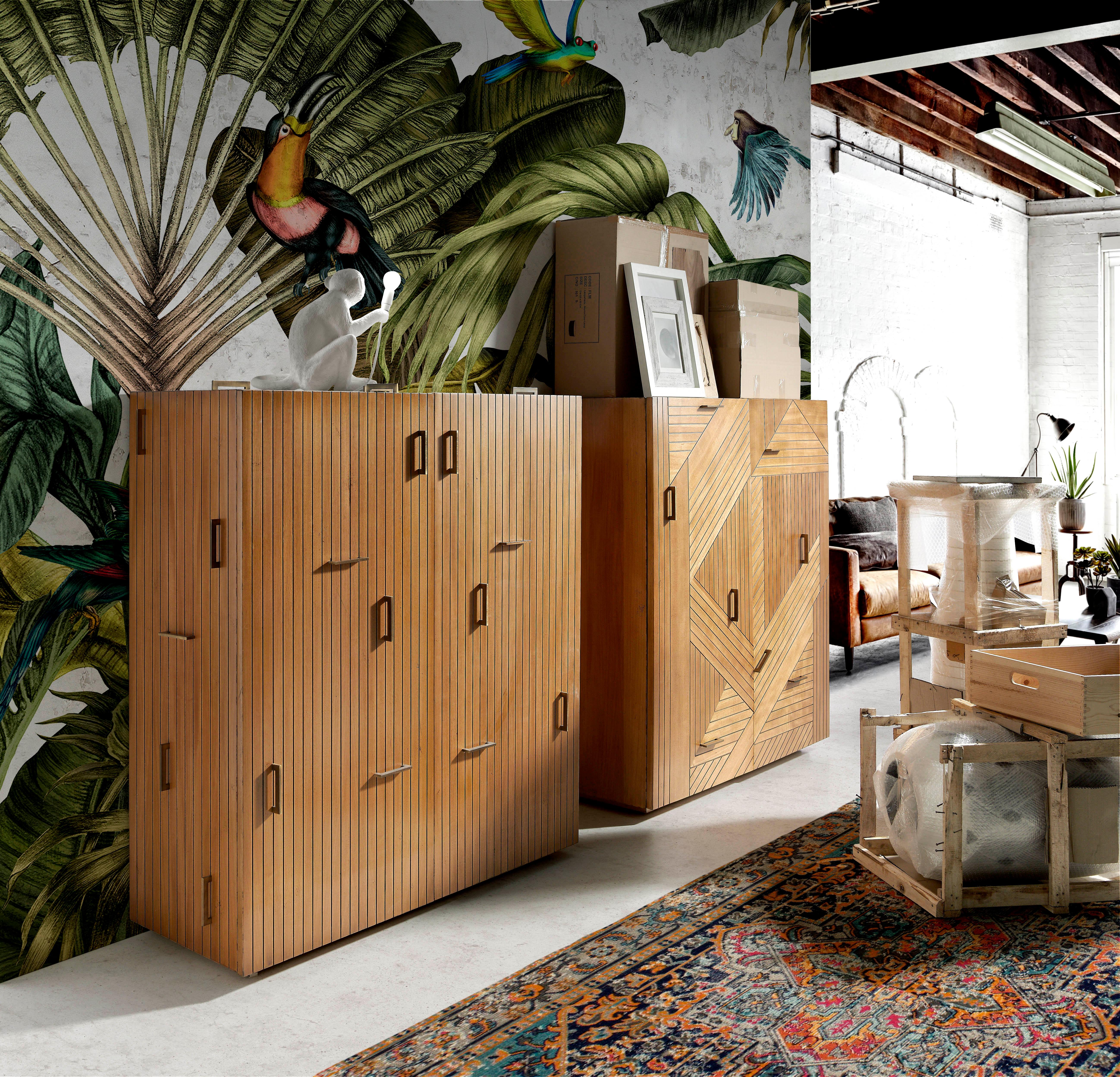 Tauro Wooden Cabinet by Lola Glamour
Dimensions: D 42 x W 125 x H 135 cm
Materials: Wood.

A versatile wardrobe, both in functionality and location. With its original use of geometry for the slats that dress it, the Tauro wardrobe is made of acacia
