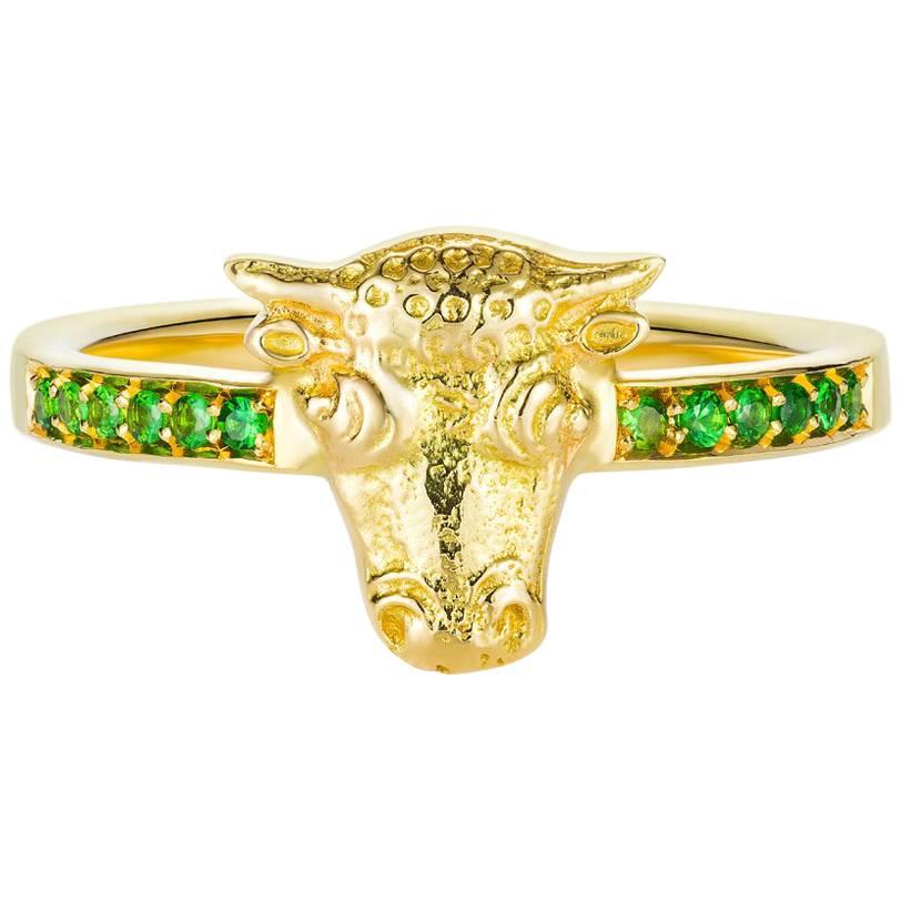 Tauros Bull Tsavorite 18 Karat Gold Ring For Sale