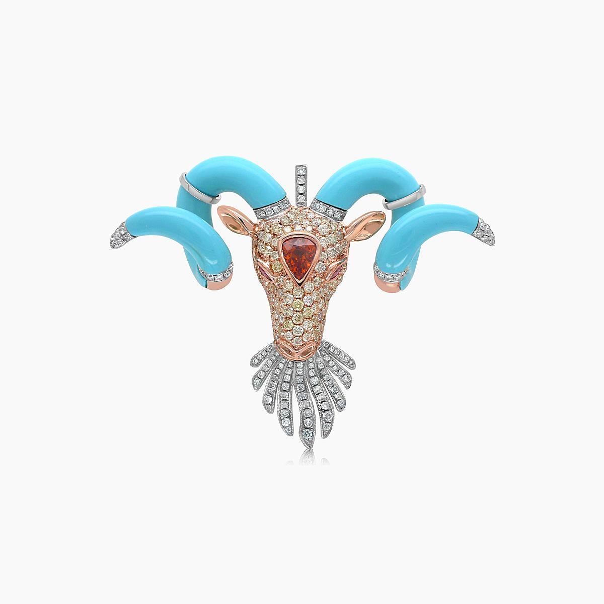 Dimensions: 4.80x5.90x1.10cm
Color: 18K Rose Gold
114 White Diamonds 0.81 CT
128 Fancy Diamonds 2.53 CT
1 MXMT 1.56 CT
2 Ruby 0.20 CT
4 Turquoise 19.20 CT
18KR 18.06 GM

18K Gold & Precious Diamond & Gemstone Animal & Fantasy Jewelry
 Our Animal and