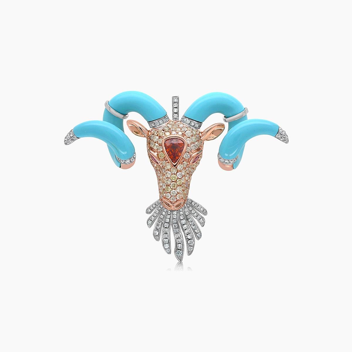Mixed Cut Taurus Bull Aries Ram Zodiac Diamond Pave & Turquoise 18K Gold Pendant For Sale