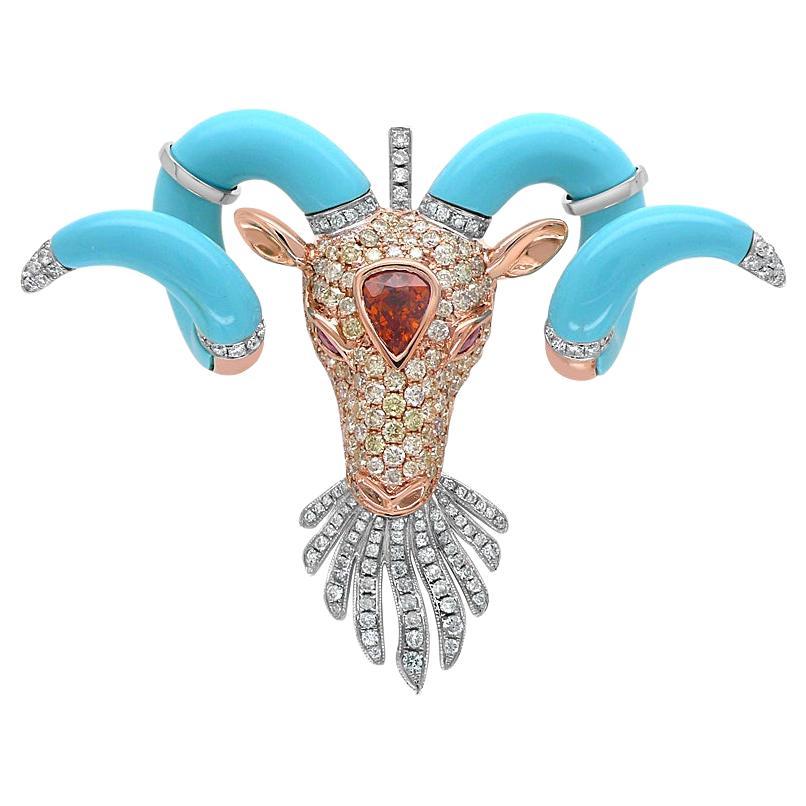 Taurus Bull Aries Ram Zodiac Diamond Pave & Turquoise 18K Gold Pendant For Sale