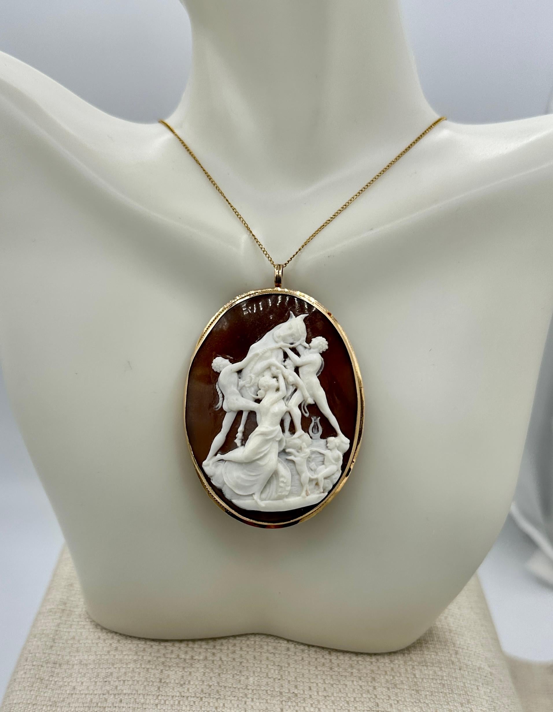 Victorian Taurus Bull Europa Goddess Zeus Dog Cameo Pendant Brooch Necklace Gold Antique For Sale
