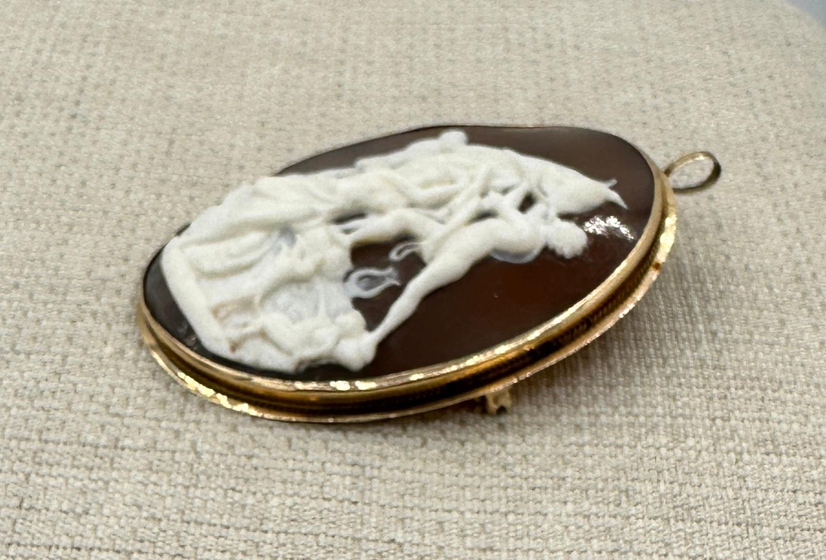 Women's or Men's Taurus Bull Europa Goddess Zeus Dog Cameo Pendant Brooch Necklace Gold Antique For Sale