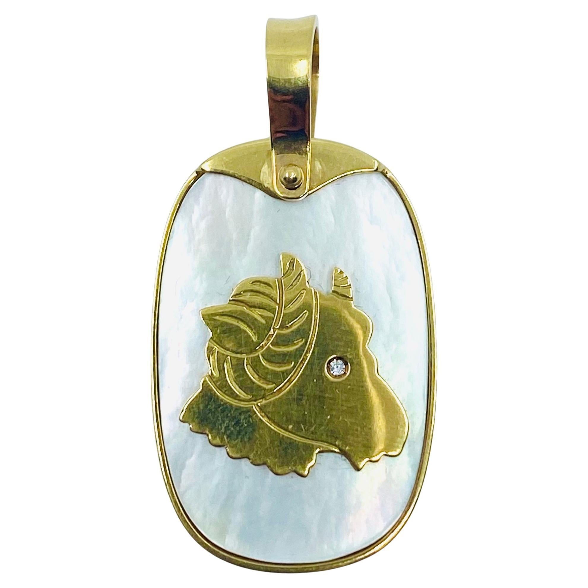 Taurus Charm Mother of Pearl Gold Zodiac Pendant In Excellent Condition In Beverly Hills, CA
