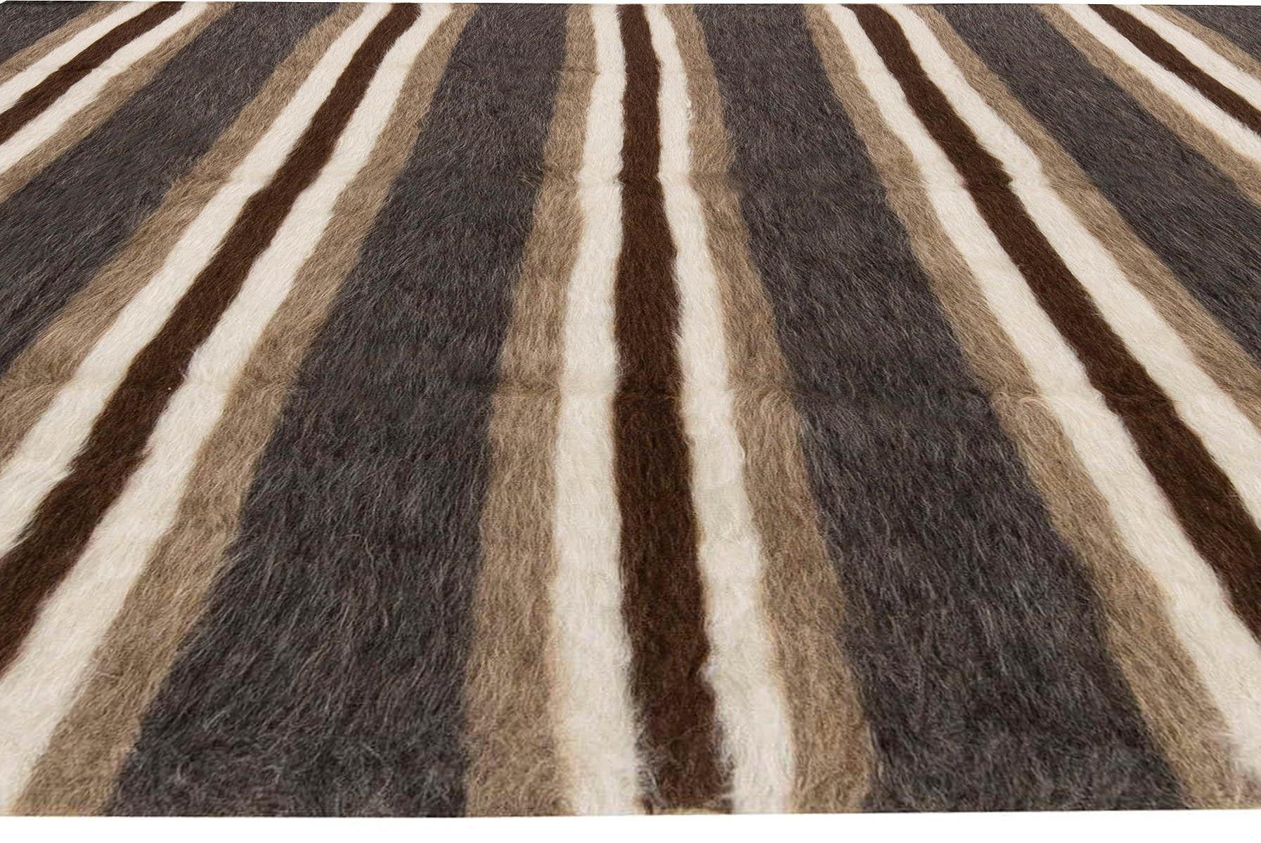 Turkish Taurus Collection Striped Brown, White, Grey, Goat Hair Rug by Doris Leslie Blau For Sale