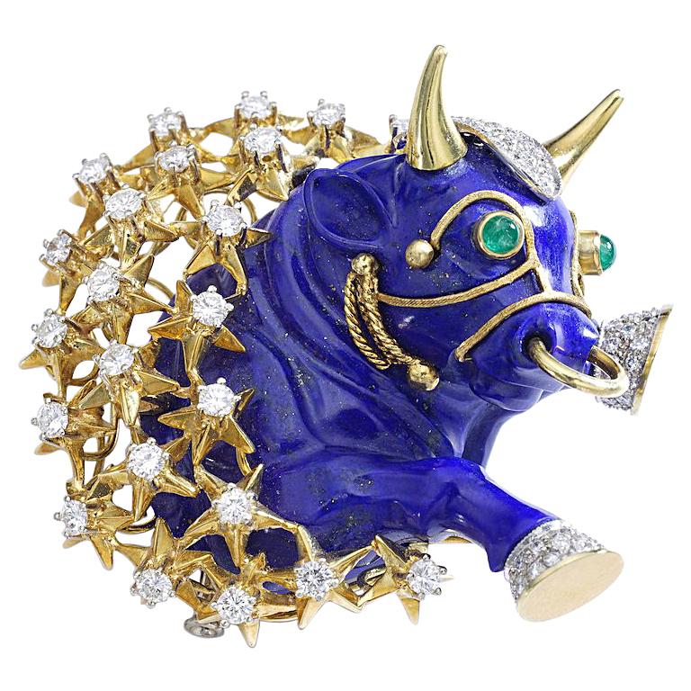 Taurus Lapis Lazuli Diamond Gold Brooch Pendant