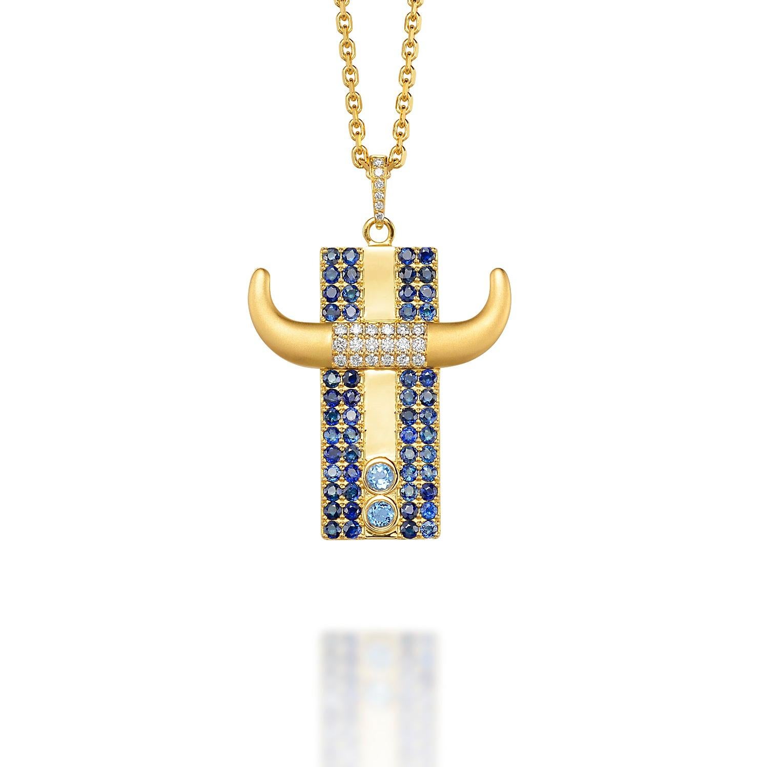 Women's or Men's Taurus Pendant Necklace 18k Y Gold 26 Diamonds 52 Blue Sapphires 2 Aquamarines For Sale