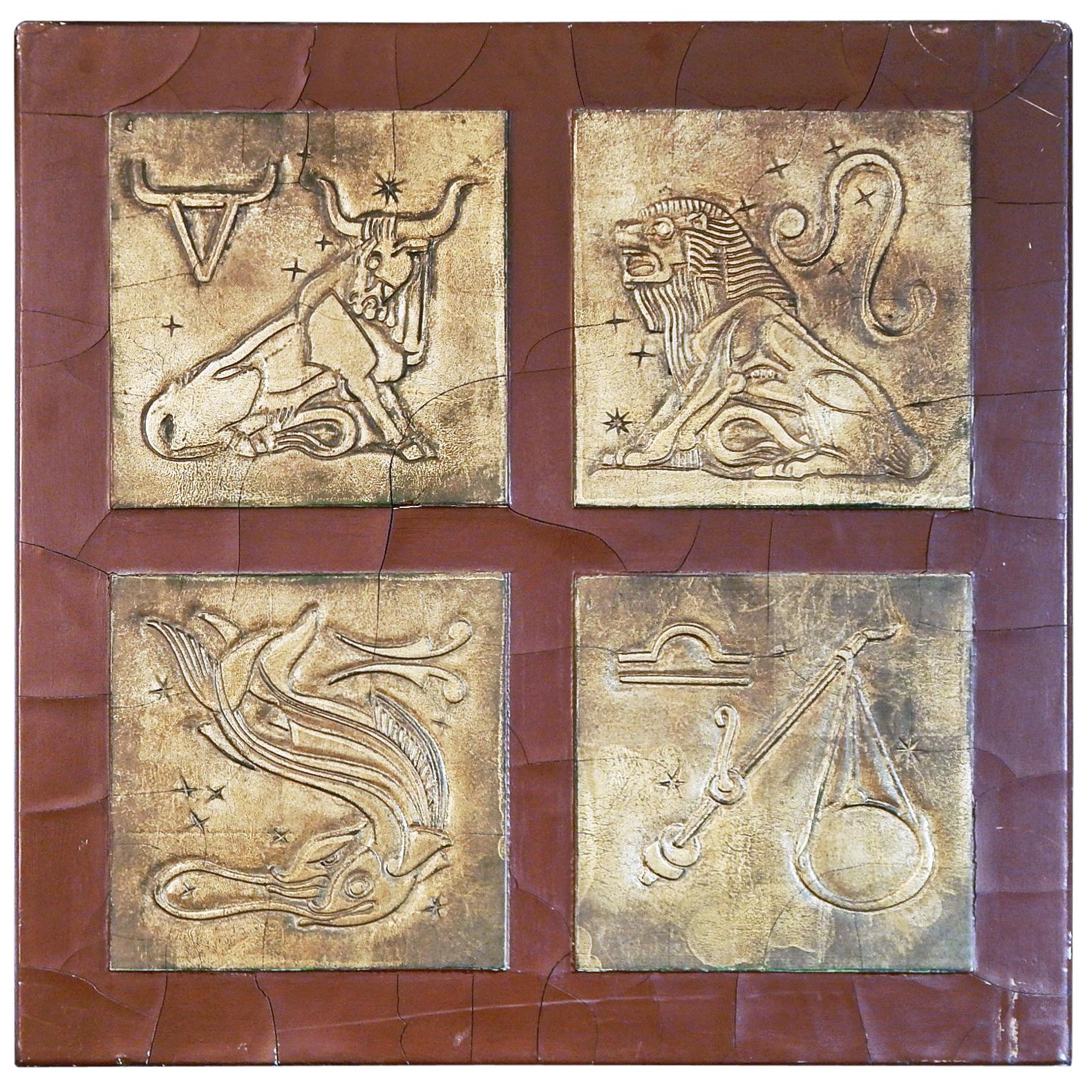 ""Taurus, Fische, Leo und Libra", hohe Art-déco-Darstellung von Tierkreiszeichen