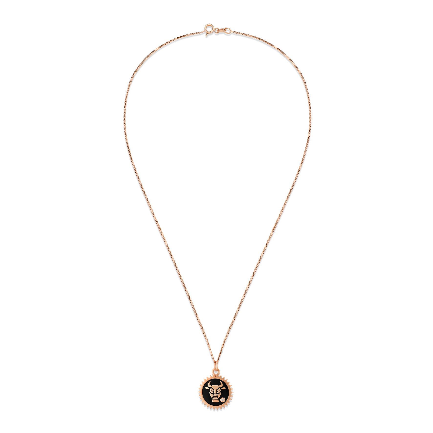 Taurus rose gold necklace with black enamel & white diamond by Selda Jewellery

Additional Information:-
Collection: Zodiac Collection
14k Rose gold
0.01ct White diamond
Pendant height 1cm
Chain length 40cm