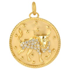 Taurus Sunsign Zodiac Pendant with Pave Diamonds Made in 14k Yellow Gold