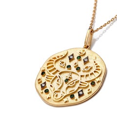 Taurus Zodiac Charm Necklace, Lucky Stone is Diamond and Emerald 14K Yellow Gold