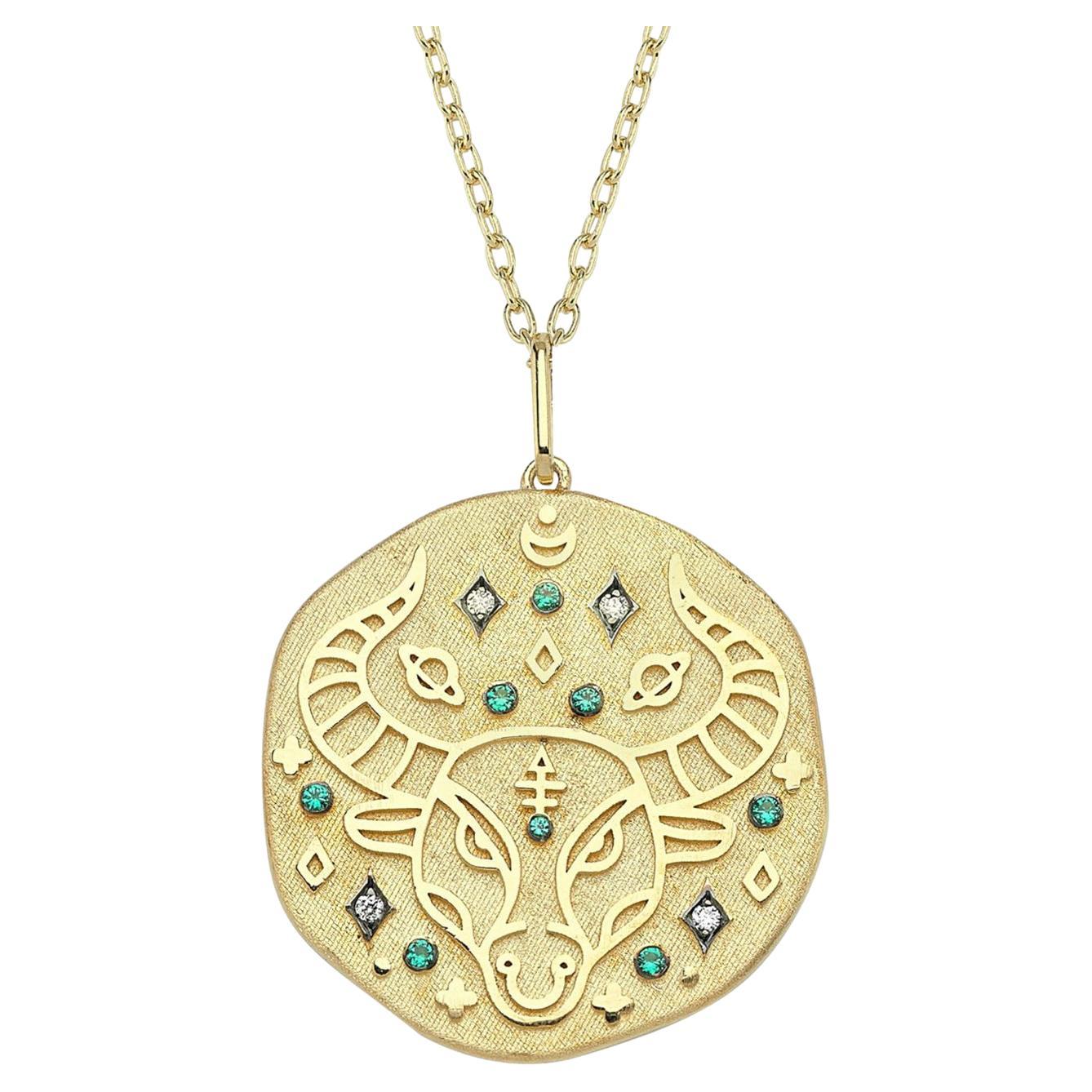 Taurus Zodiac Charm Necklace, Lucky Stone is Diamond and Emerald 14K Yellow Gold For Sale