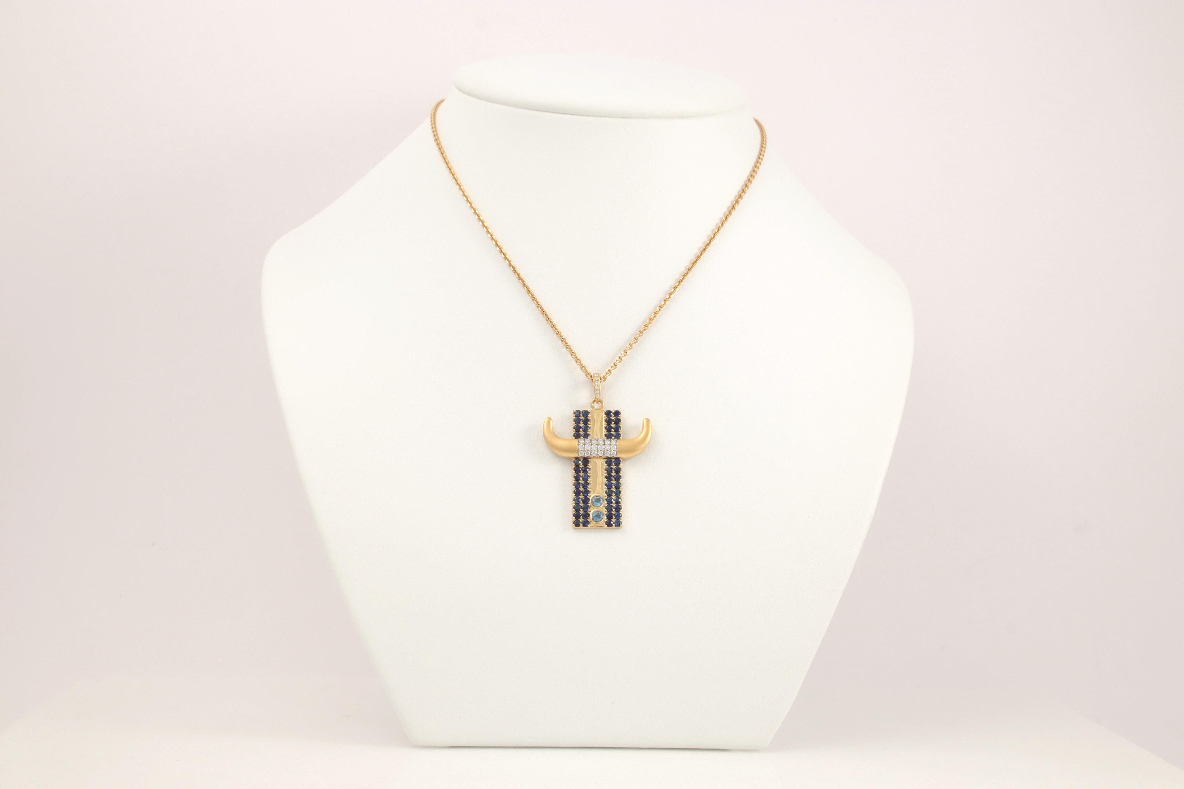Brilliant Cut Taurus Pendant  18k Yellow Gold  26 Diamonds  52 Blue Sapphires  2 Aquamarines For Sale