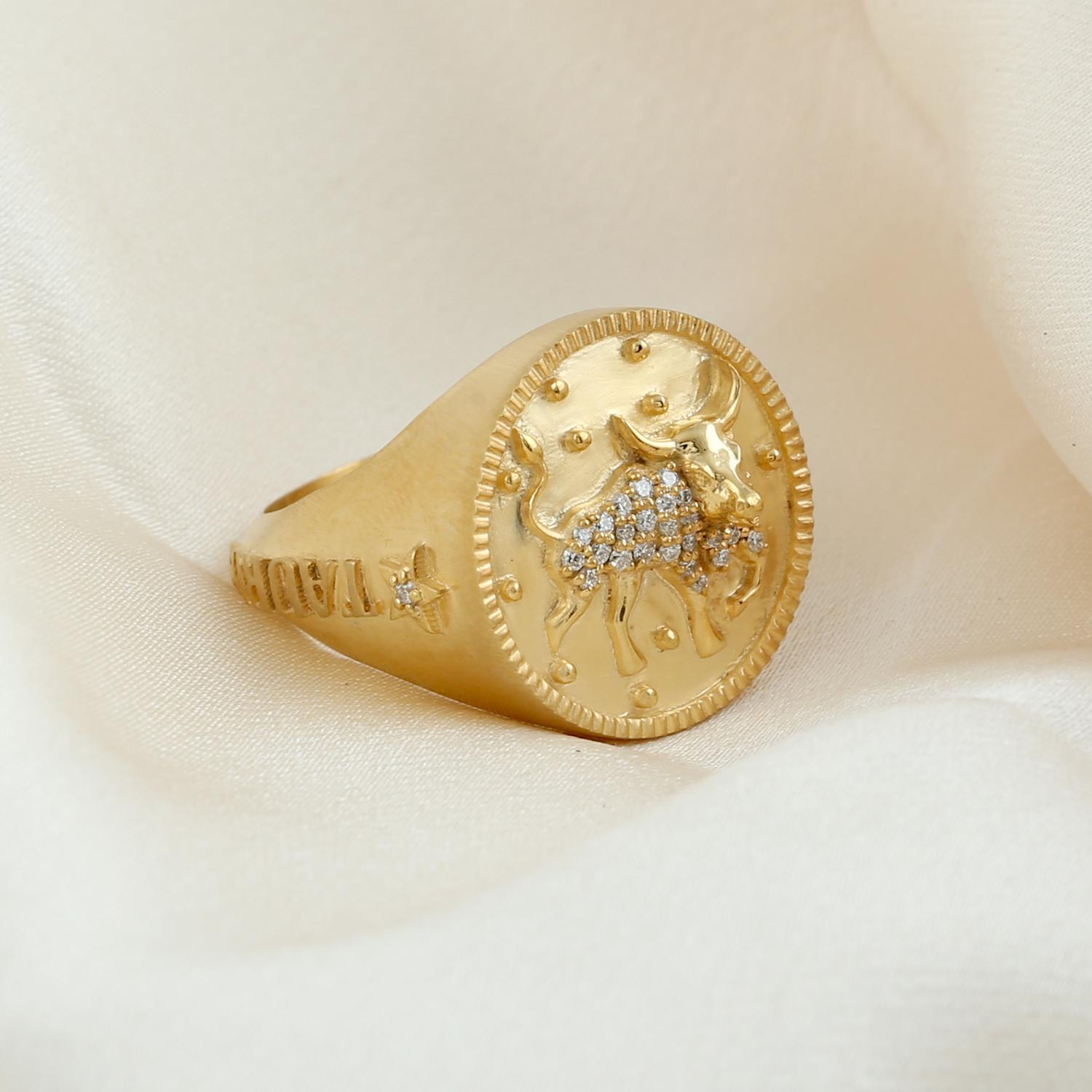 Art Nouveau Taurus Zodiac Ring With Pave Diamonds Made in 14k Yellow Gold For Sale