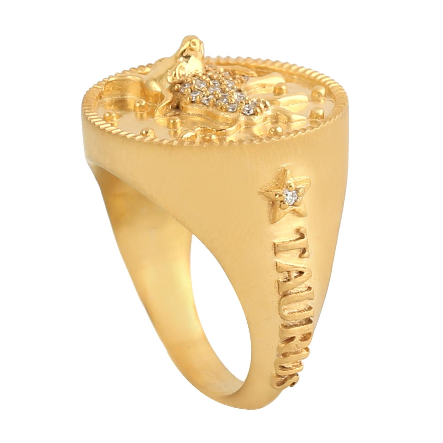 Women's Taurus Zodiac Ring With Pave Diamonds Made in 14k Yellow Gold For Sale