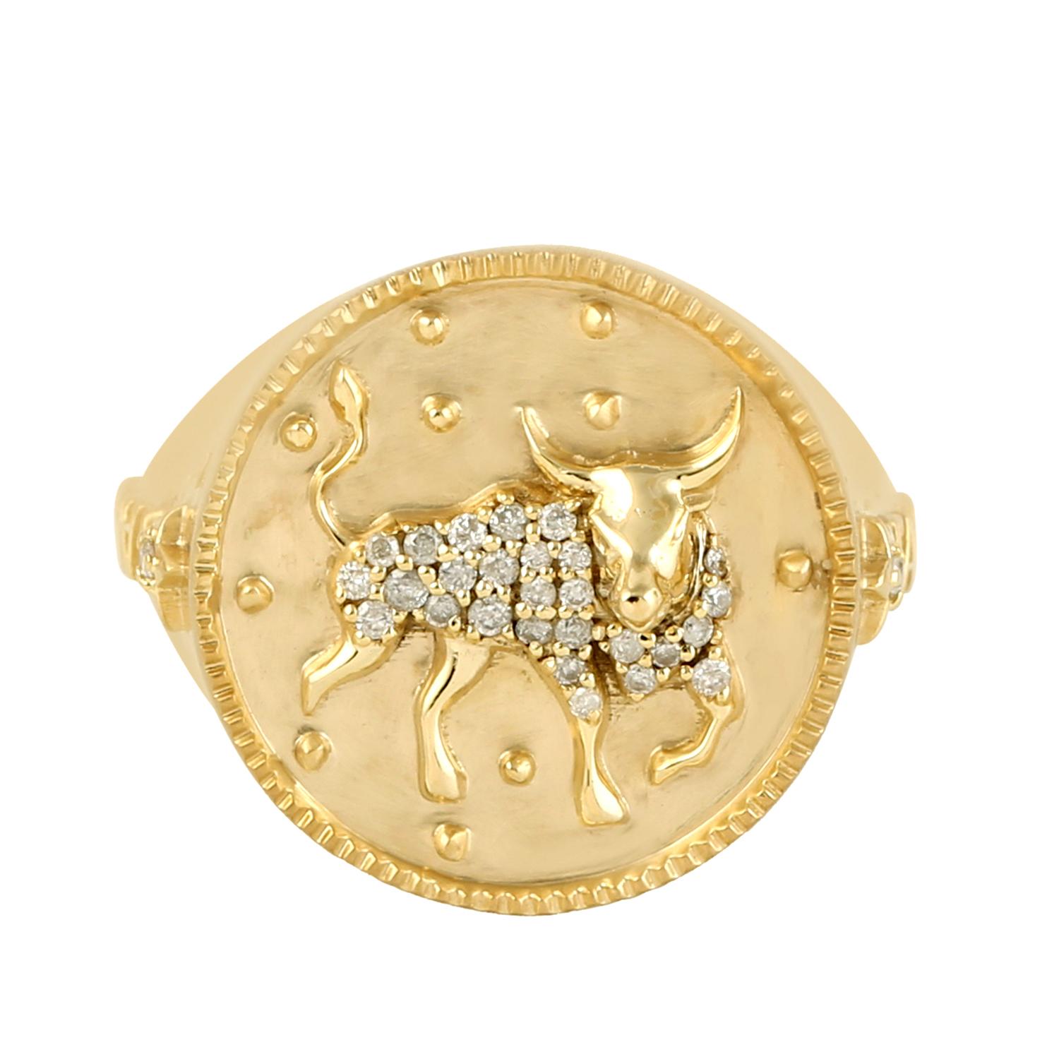 Taurus Zodiac Ring With Pave Diamonds Made in 14k Yellow Gold For Sale 1