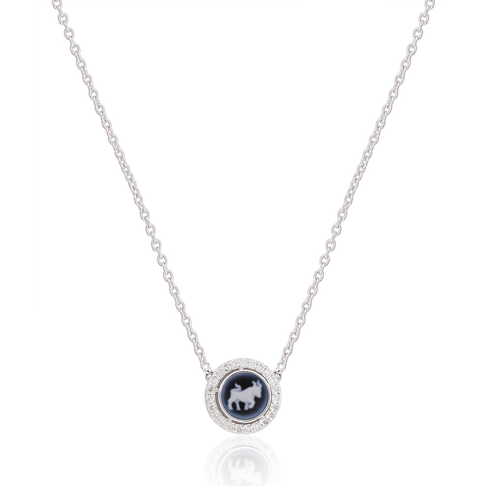 Celebrate your astrological identity with this exquisite Taurus zodiac sign pendant necklace. Meticulously crafted in 14-karat white gold, this fine jewelry piece showcases intricate detailing and shimmering pave diamonds, making it a true symbol of