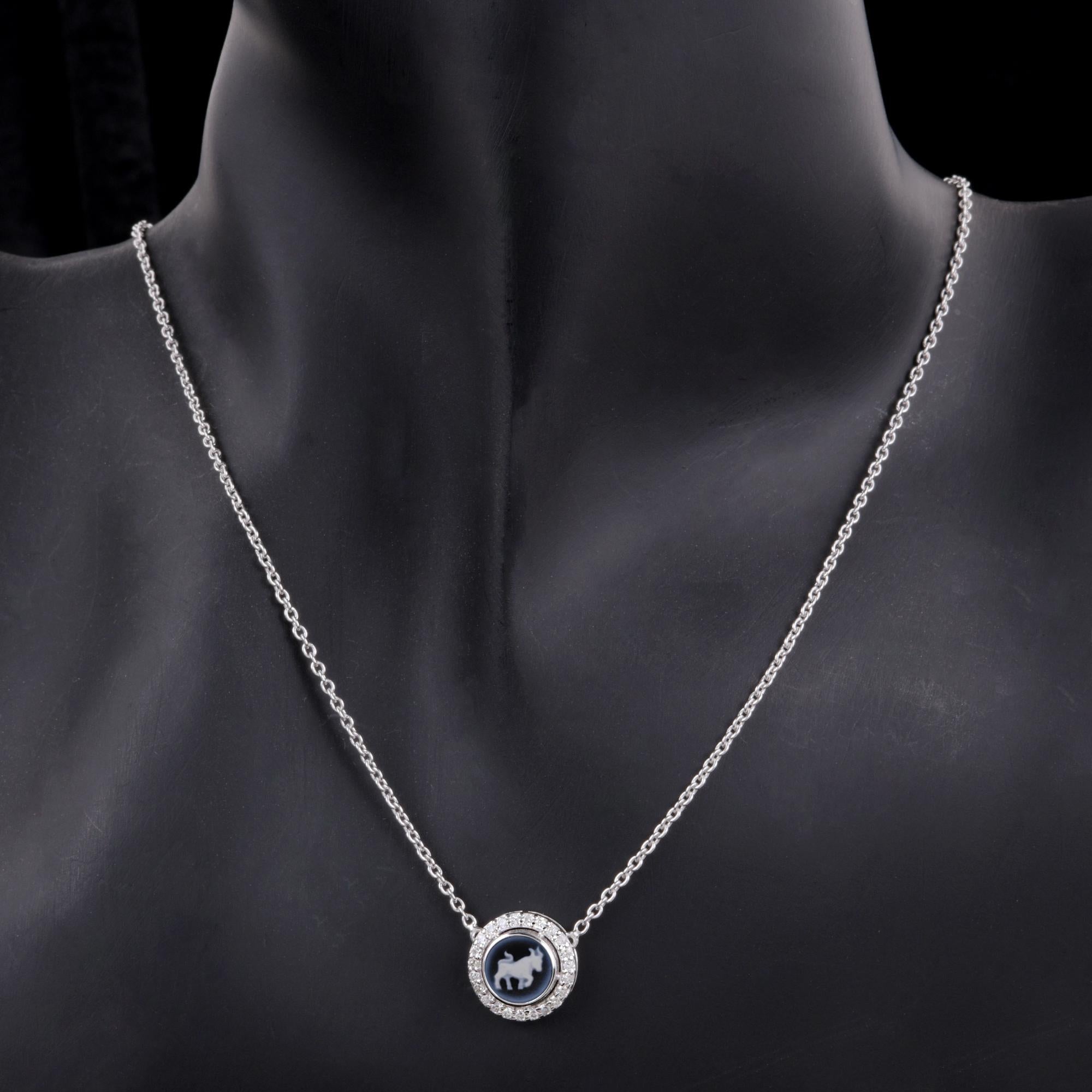 Round Cut Taurus Zodiac Sign H/SI Pave Diamond Pendant 14k White Gold Necklace 1.16 Tcw For Sale