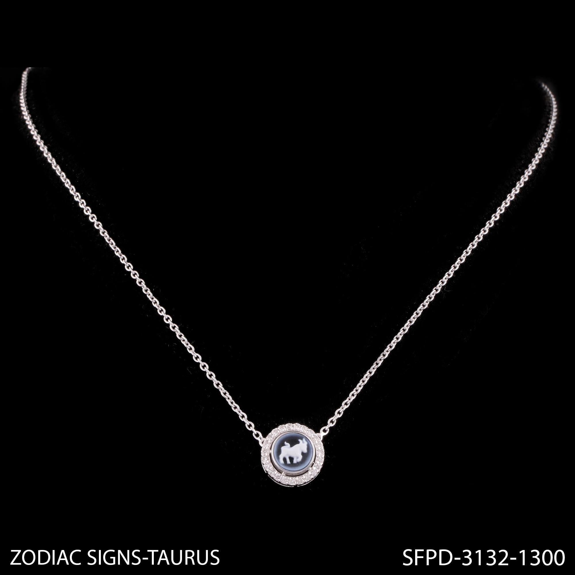 Women's Taurus Zodiac Sign H/SI Pave Diamond Pendant 14k White Gold Necklace 1.16 Tcw For Sale
