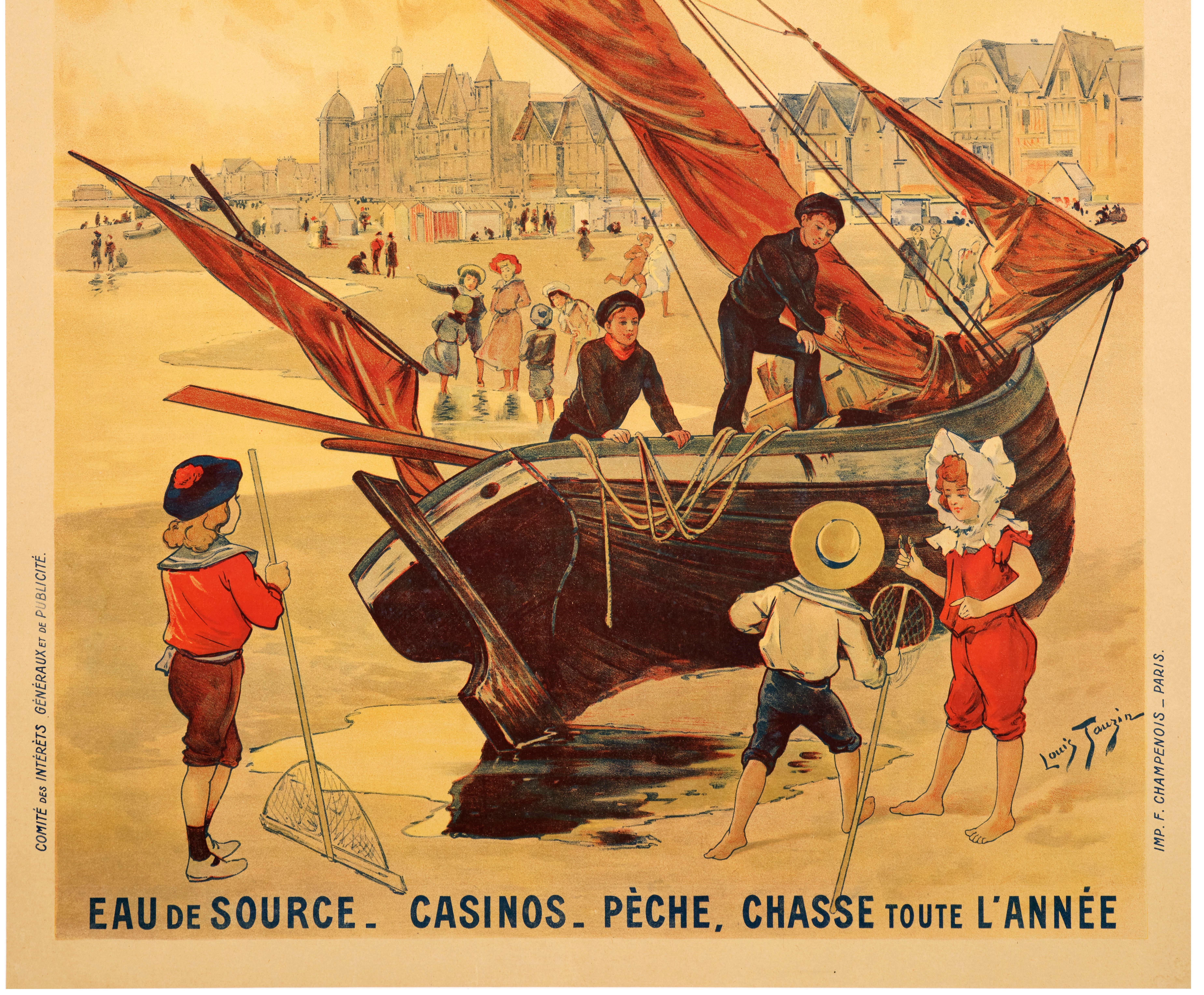 Tauzin, Cartel de viaje original, Playa de Berck, Pesca, Caza, Velero, 1905 Moderno de mediados de siglo en venta