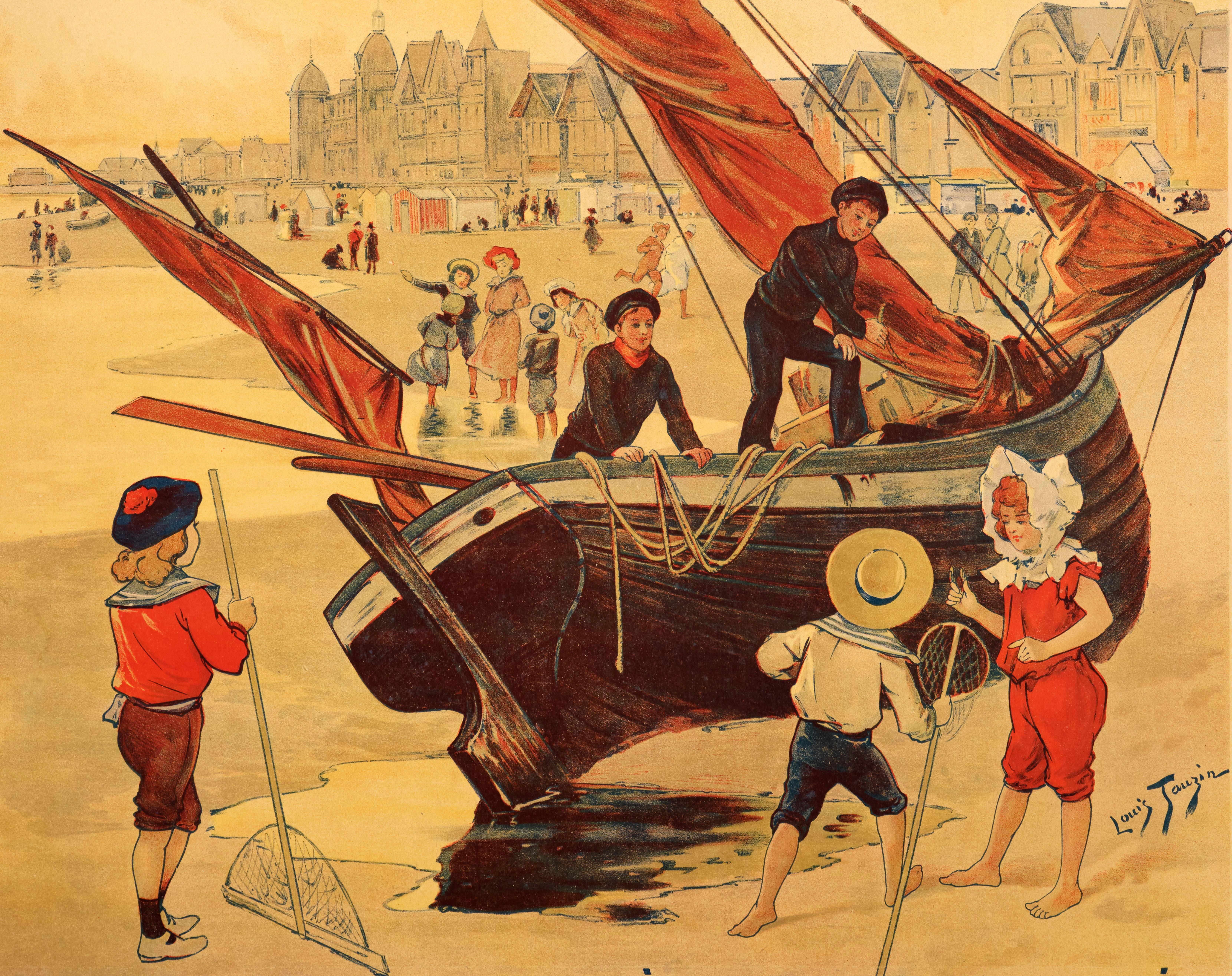 Français Affiche de voyage originale de Tauzin, Berck Beach, pêche, chasse, voilier, 1905 en vente