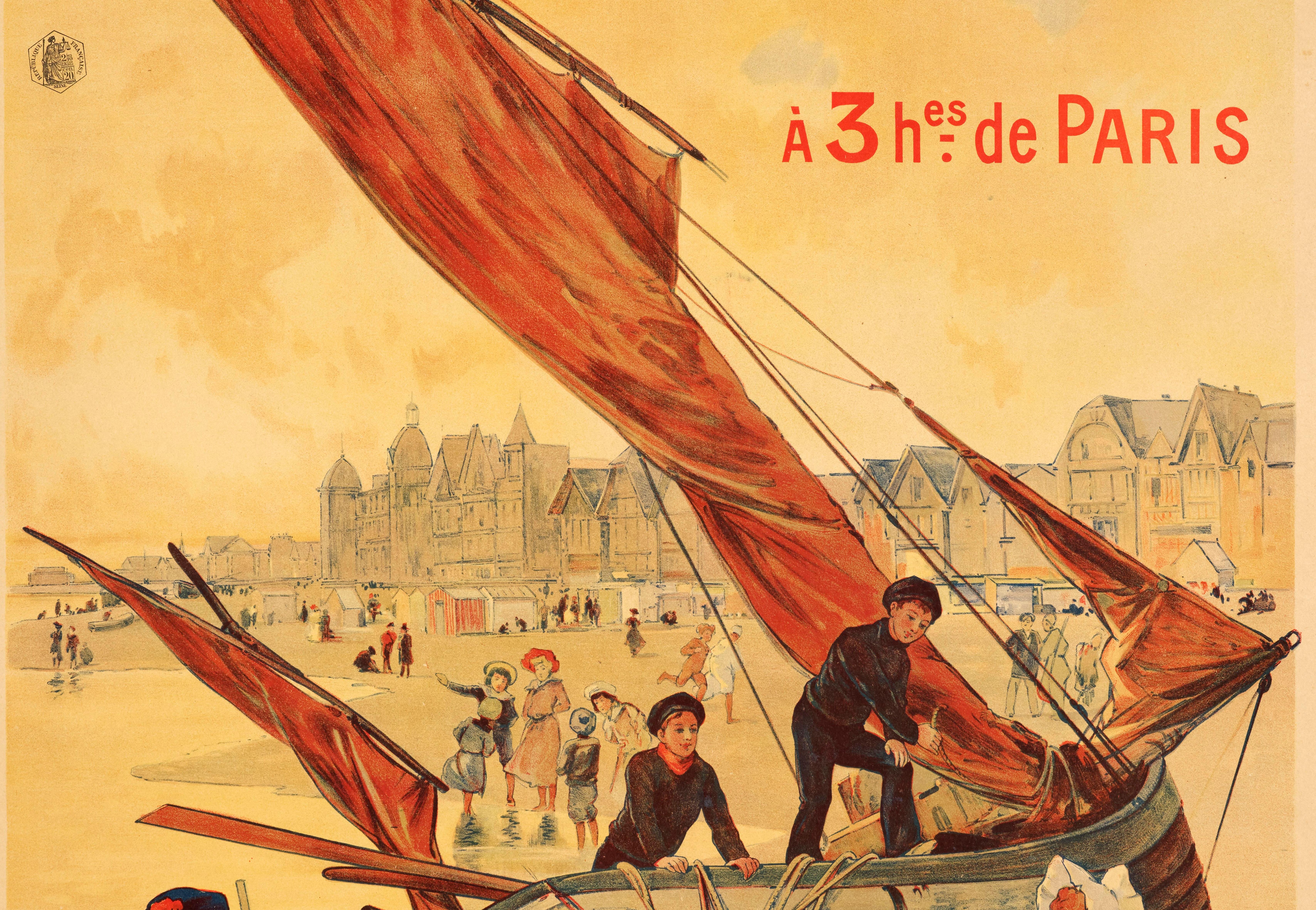 Affiche de voyage originale de Tauzin, Berck Beach, pêche, chasse, voilier, 1905 Bon état - En vente à SAINT-OUEN-SUR-SEINE, FR