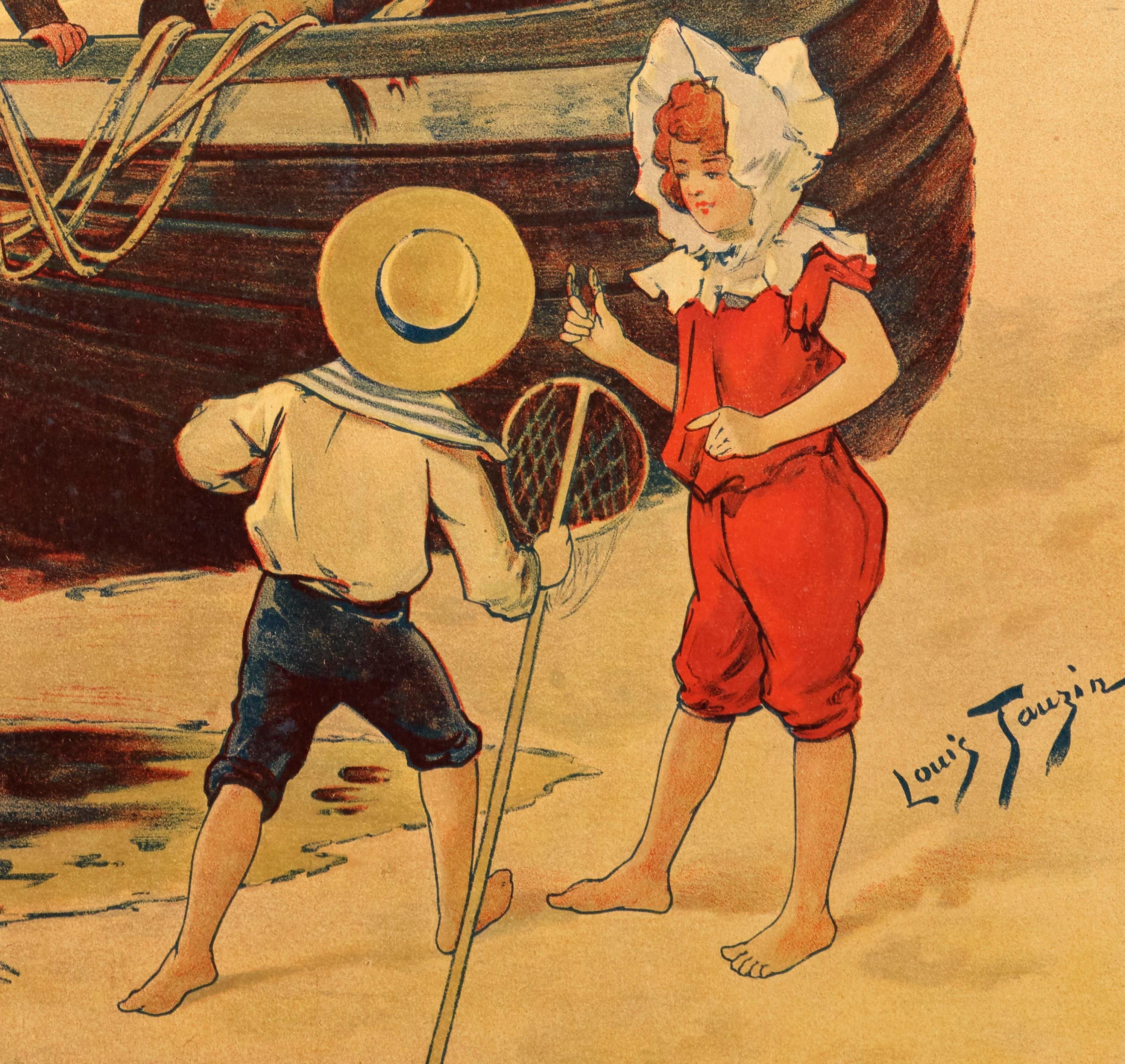 20ième siècle Affiche de voyage originale de Tauzin, Berck Beach, pêche, chasse, voilier, 1905 en vente