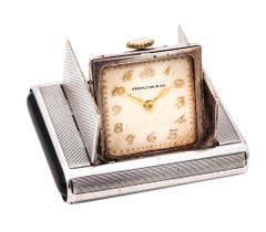 TAVANNES 1929 Art Deco Enamel La Captive Squeeze Travel Clock In .925 Sterling