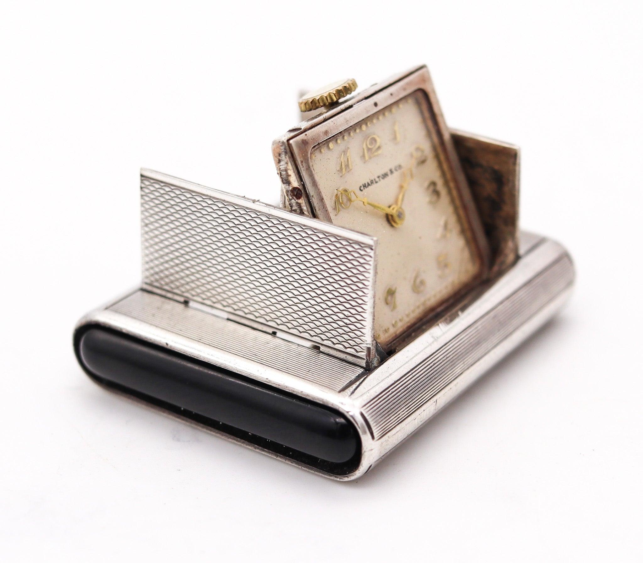 Svizzero TAVANNES 1929 Art Deco smalto La Captive Squeeze Orologio da viaggio in argento 925 in vendita