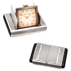 Antique TAVANNES 1929 Art Deco Enamel La Captive Squeeze Travel Clock In .925 Sterling