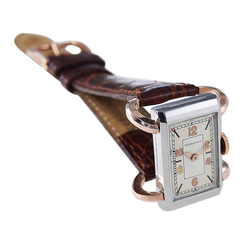 Women's or Men's Tavannes Steel and Rose Gold Art Deco Articulated Watch with Original Dial 1930s For Sale