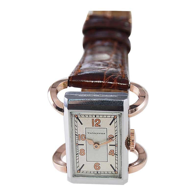 Tavannes Steel and Rose Gold Art Deco Articulated Watch with Original Dial 1930s For Sale 1