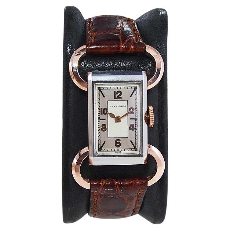 Tavannes Montre articulée Art Déco en acier et or rose avec cadran d'origine, années 1930