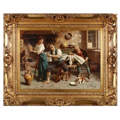Tavern Scene by Eugenio Zampighi, Signed Oil Painting