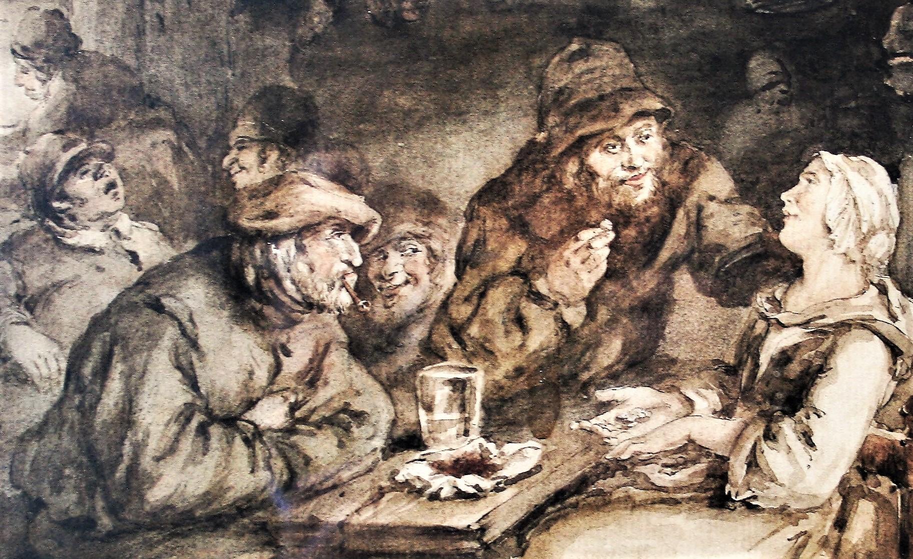 Beautiful ink wash drawing of the Flemish school of a tavern scene. It depicts the interior of a tavern, a place where people gathered to eat and drink. In the foreground are two men and a woman around a table, presumably trying to curry favor. A
