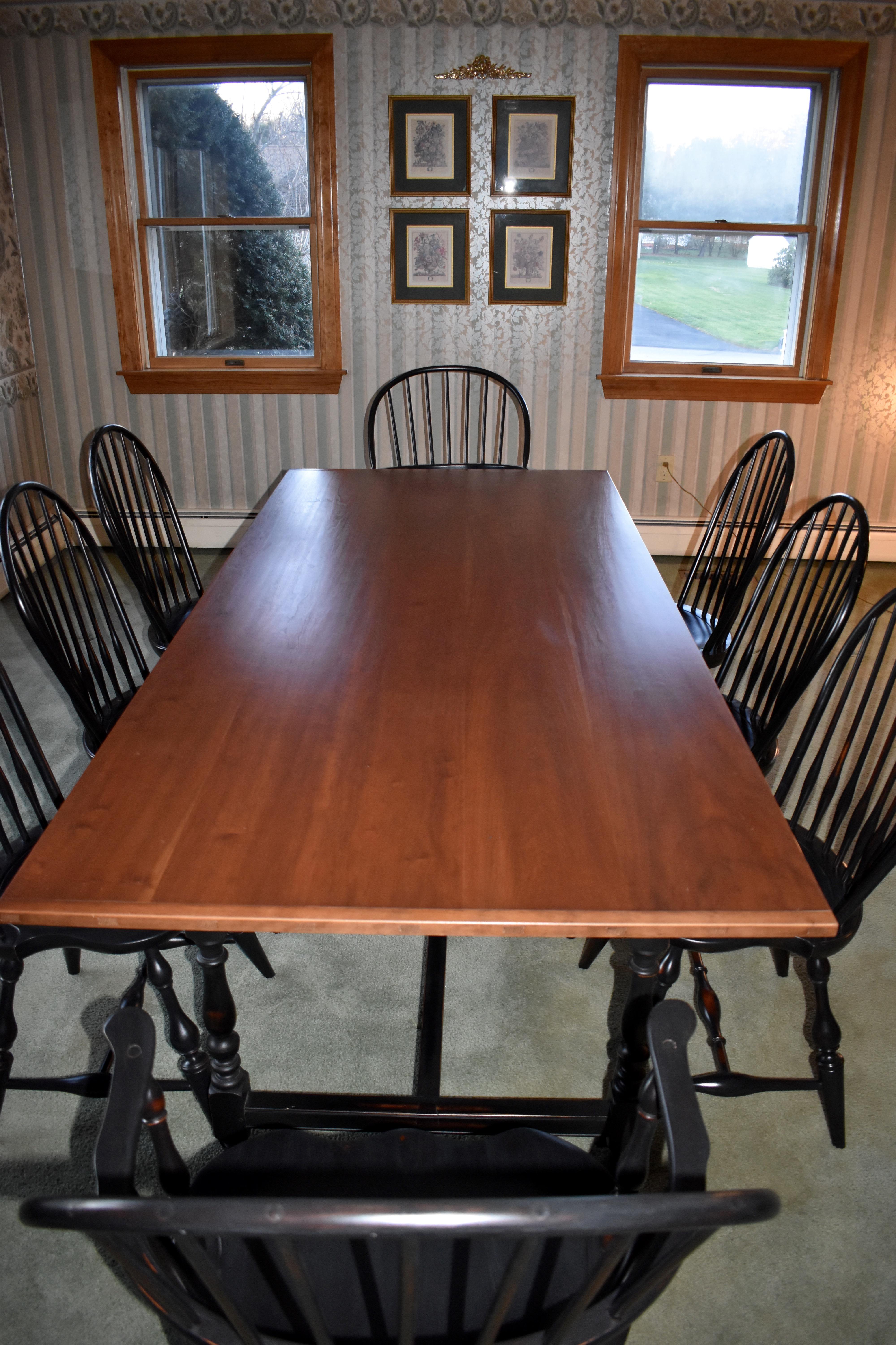 American Tavern Table in Cherry, Black Base, 8 Matching Windsor Chairs, Reproduction For Sale