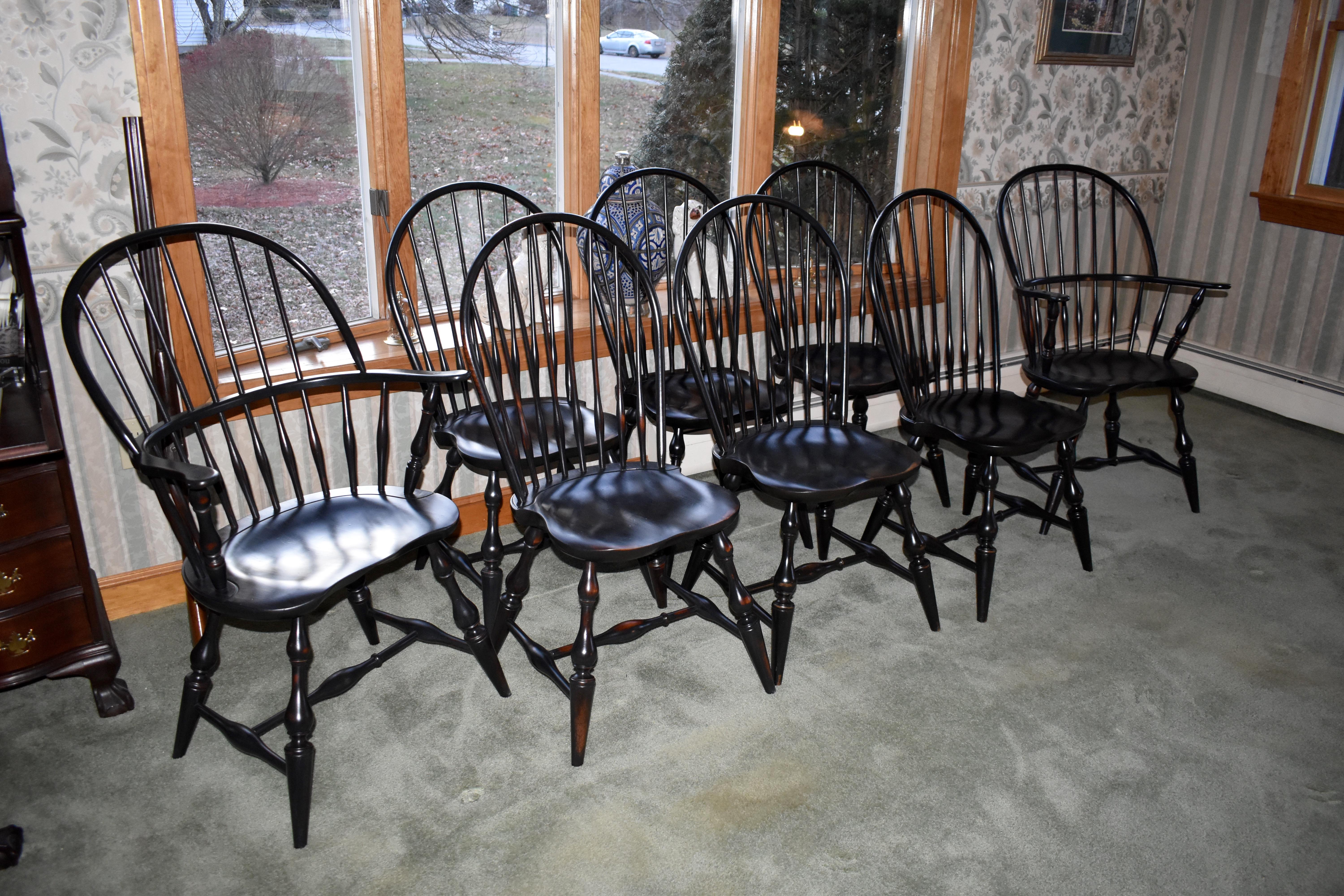 Hand-Carved Tavern Table in Cherry, Black Base, 8 Matching Windsor Chairs, Reproduction For Sale