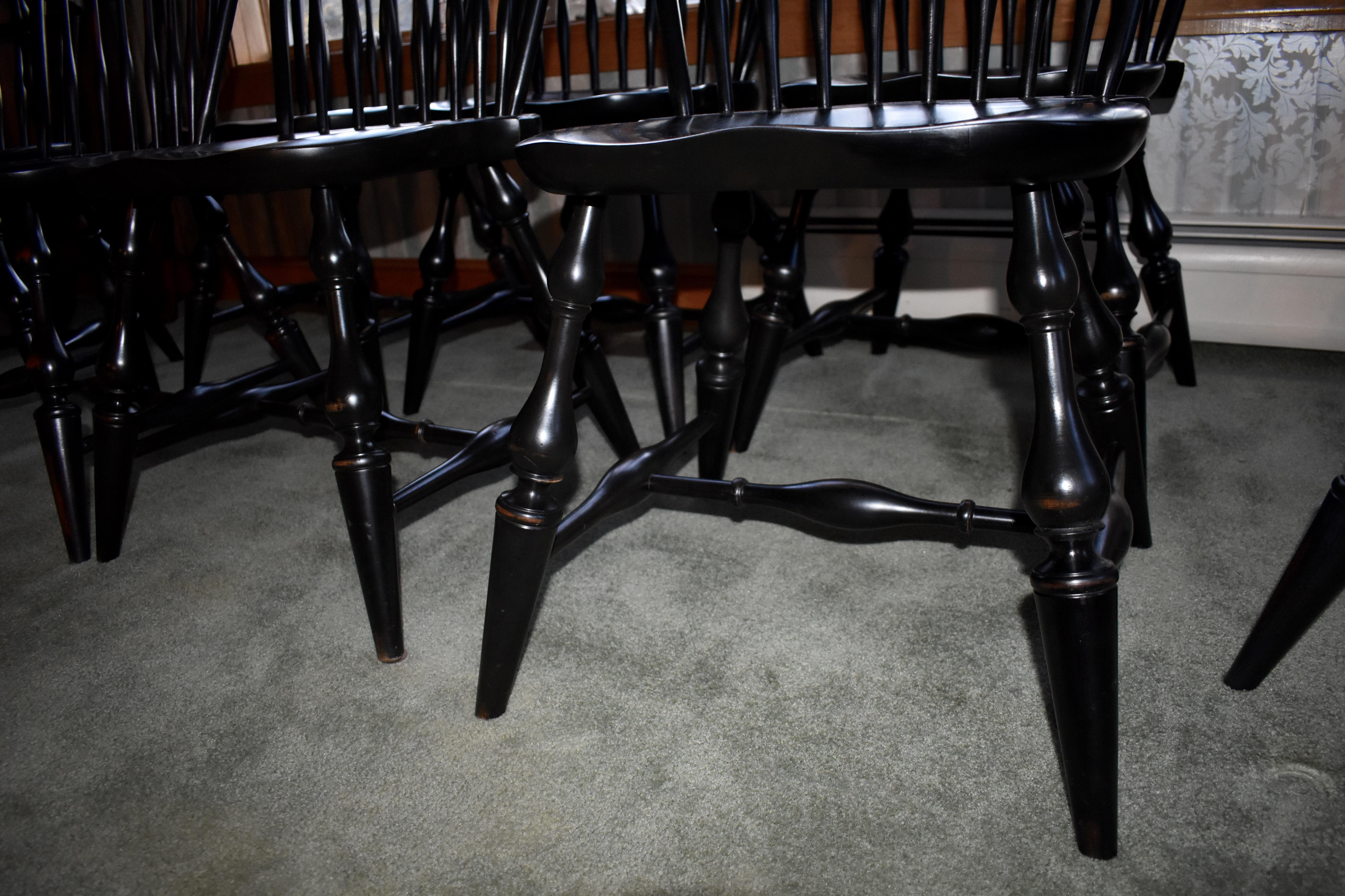 Tavern Table in Cherry, Black Base, 8 Matching Windsor Chairs, Reproduction For Sale 1